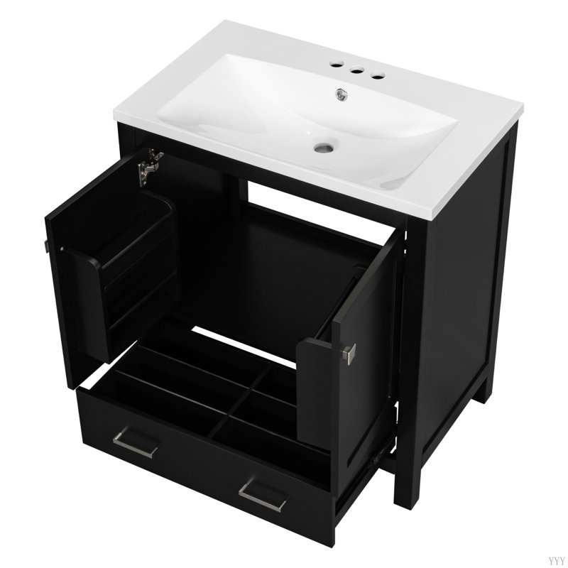 Meuble-lavabo de 30 po avec lavabo simple, meuble-lavabo encastré, armoire de rangement avec 2 portes et un tiroir, fermeture en douceur, rangement multifonctionnel, structure en bois massif