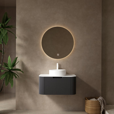 Meuble-lavabo 30 po, armoire de rangement rayée à bords arrondis avec tiroir, lavabo rond en céramique blanche et plateau en pierre frittée blanche de Carrare, pré-assemblé, couleur noire