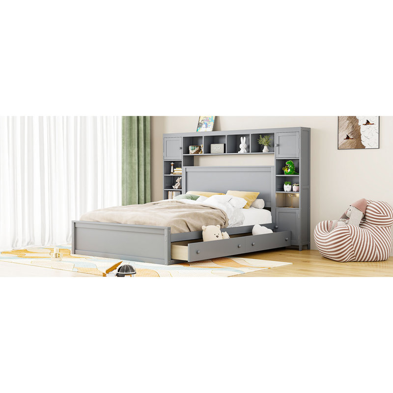 Grand lit séduisant avec une armoire, une tablette et une douille - Combinaisons intégrées fiables et grises, Gris, Grand lit