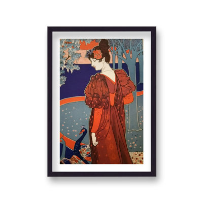 Vintage French Inspired Lady in Red Gown in Garden with Peacock 1 Piece Single Picture Frame Wall Art