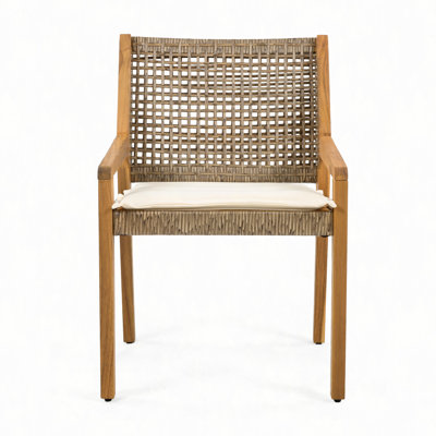 Outdoor Dining Chair -Acacia Wood & Wicker with Cream Cushion Patio Furniture -Mp2(Set of 2)