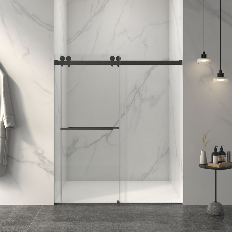 Porte de douche coulissante double sans cadre de 56 à 60 po x H 70 po, verre trempé clair de 5/16 po (8 mm) de large épaisseur, couche facile à nettoyer, avec tampon