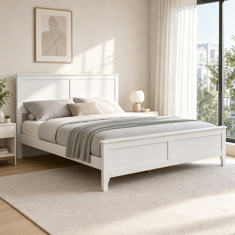 Structure de lit plateforme en bois massif blanc avec tête et pied de lit, lit de ferme en bois, aucun sommier nécessaire, meubles de chambre à coucher