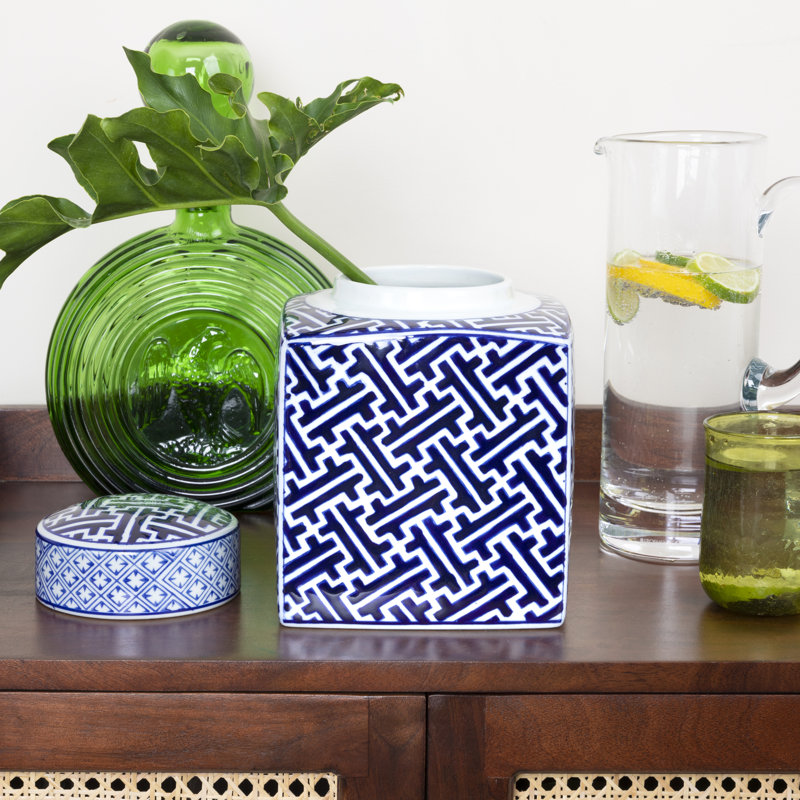 Blue and White Ceramic Ginger Jar with Lid