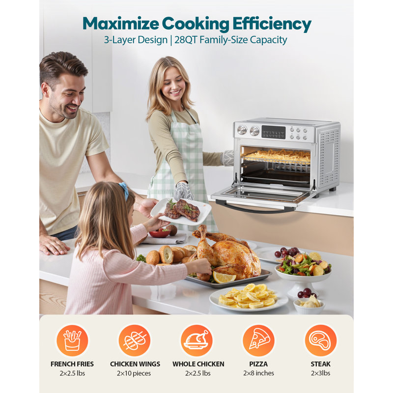 28QT Air Fryer Toaster Oven Combo, 12-in-1 Convection Oven with Rotisserie & Dehydrator, Fits 13" Pizza, 6 Accessories
