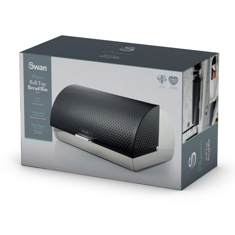 SWAN Elegance Bread Bin with Textured Gloss Finish, Roll Top Design and Ventilation for Longer Freshness, 14L, Black