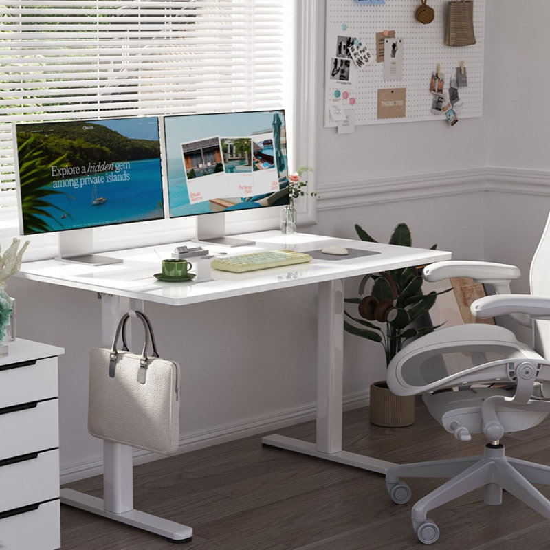 Maysie Adjustable Glass Top Metal Base Standing Desk, White, 46.4" H x 39.4" W x 23.6" D
