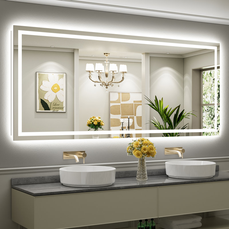 Miroir de salle de bain à DEL avec lumières, rétroéclairé et éclairé à l'avant, miroirs muraux éclairés pour meuble-lavabo, écran tactile à intensité variable, antibuée, fonction mémoire, verre trempé HD, incassable, homologué ETL