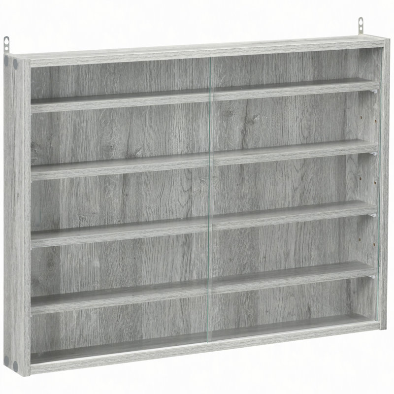 Vitrine à 5 niveaux, vitrine en verre avec 2 portes et tablettes réglables, fixation murale, Grey