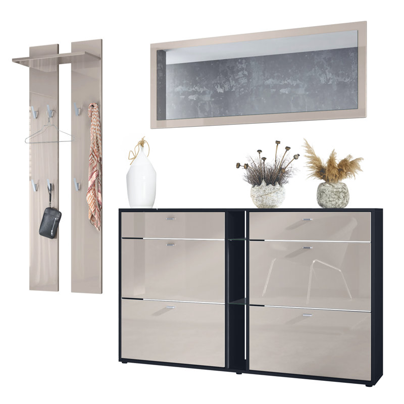 Orlando Hall Tree 215cm Wide with Shoe Storage, Sand Grey High Gloss/Black