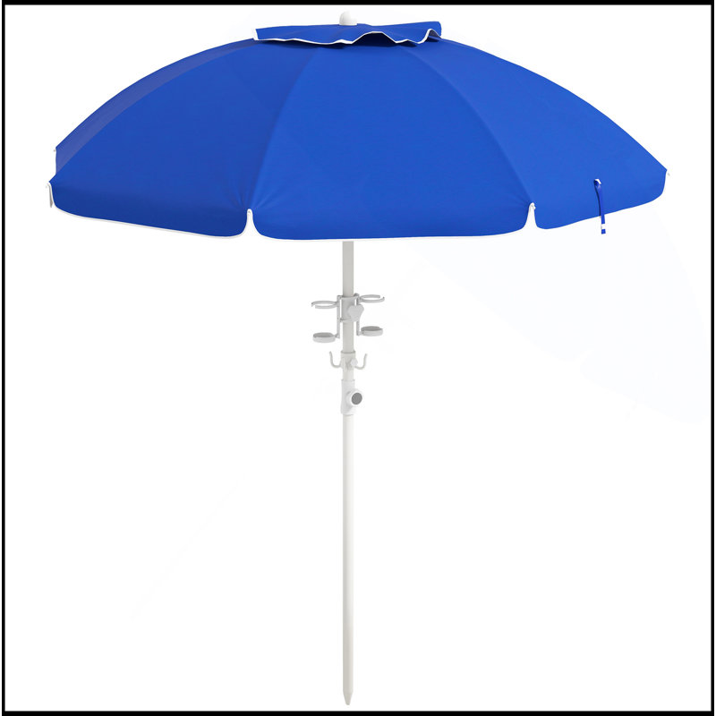 Parasol de plage portatif sophistiqué de 5,7 pi avec inclinaison, hauteur réglable, 2 porte-gobelets et crochets, parasol d'extérieur à volants UV 40+ avec auvent ventilé