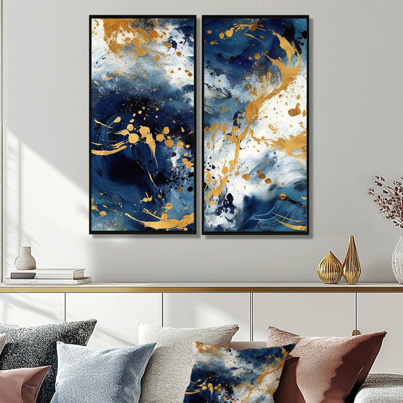 Bleu foncé et or abstrait X - décoration murale moderne 2 panneaux, 32" H x 32" W, Impression encadrée flottante, Black