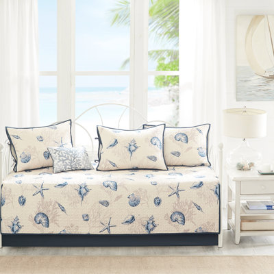 Lit de jour réversible en microfibre, imprimé bleu, 6, lit simple, housse de 17 po, 15 po, 3 taies décoratives, 1 coussin décoratif, décor de salon à sensation côtière, ensemble 6 lavables à la machine, conception, matelas, style