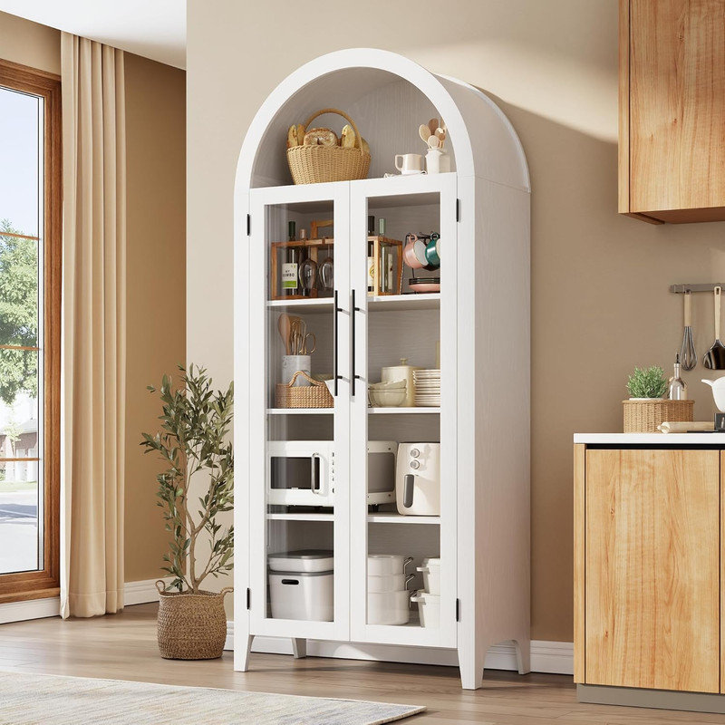 Arched Kitchen Pantry Cabinet with Glass Doors, 5-Tier Farmhouse Display Shelf, White