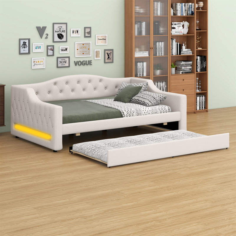 Lit de jour rembourré avec ceinture DEL et lit gigogne, Beige