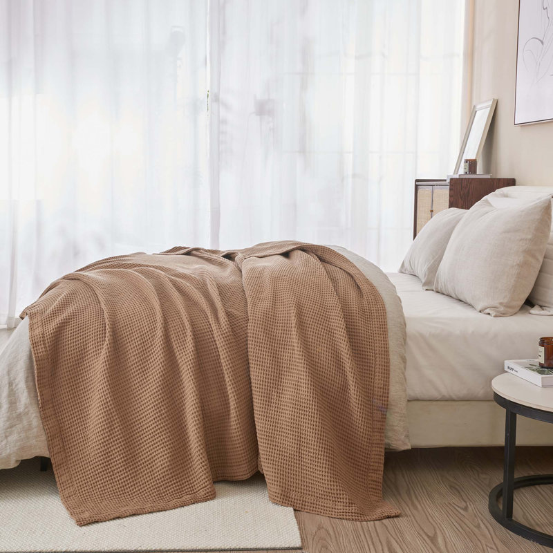 Couverture 100% coton tissé gaufré, Simple, Caramel