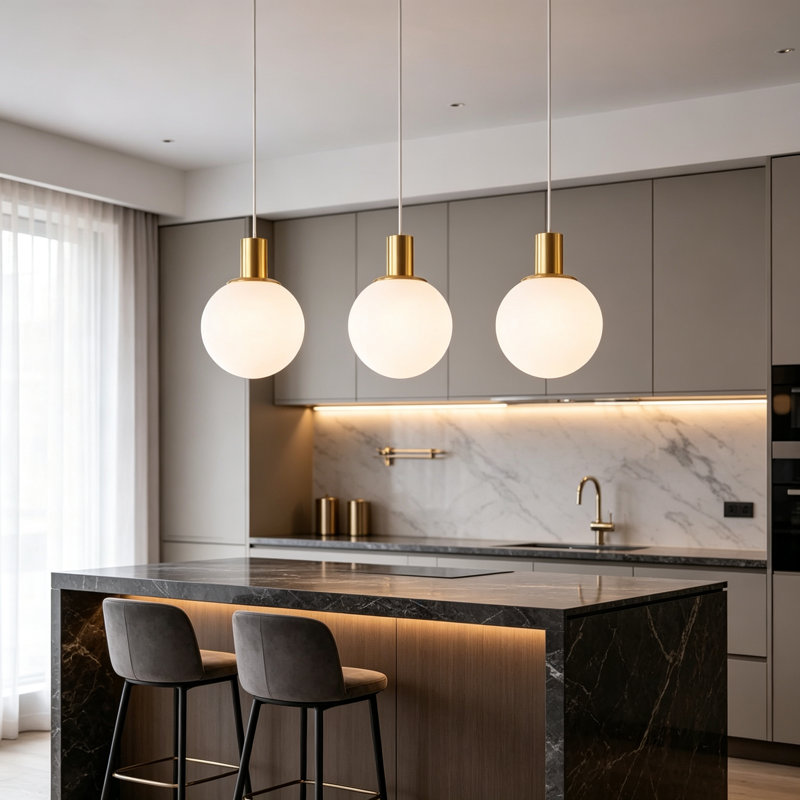 3 -Light Kitchen Island White Glass Pendant
