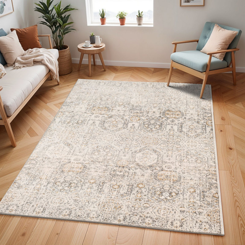 Beige Traditional Rug, Floral Geometric Stain Resistant Easy to Clean Rug For Living Room, Dining Room, Bedroom
