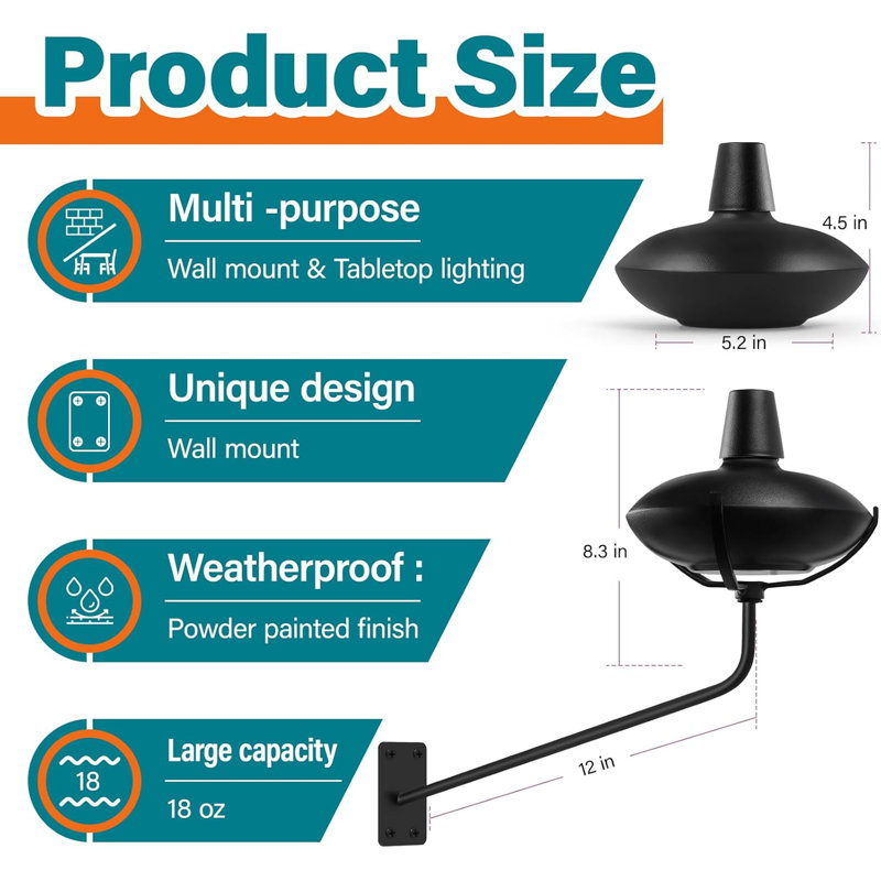 6 Pack Wall Mounted Citronella Torches, 18 oz Garden Torches for Outside