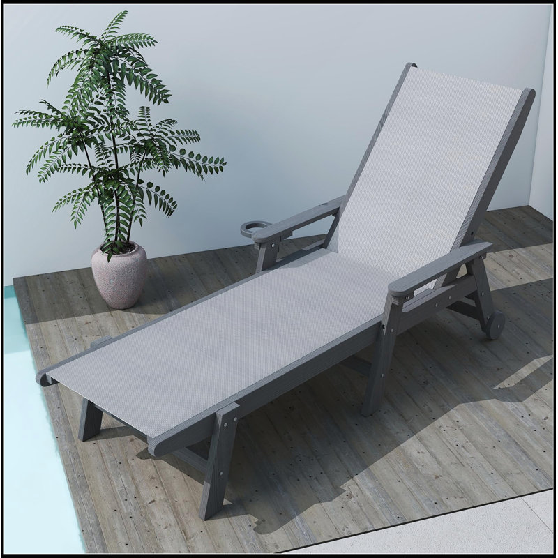 Durable HDPE Outdoor Chaise Lounge with Adjustable Backrest, Wheels, and Cup Holder for Patio and Poolside Relaxation, Gray