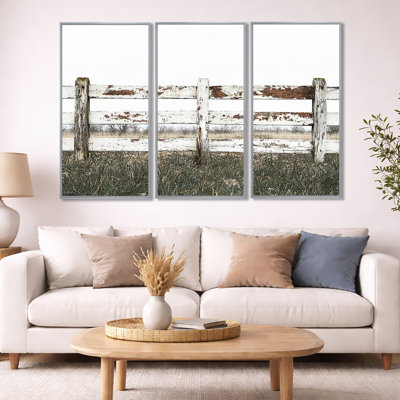Grey And Brown Farm Landscape Rustic Fence I - Farmhouse Wall Art Set