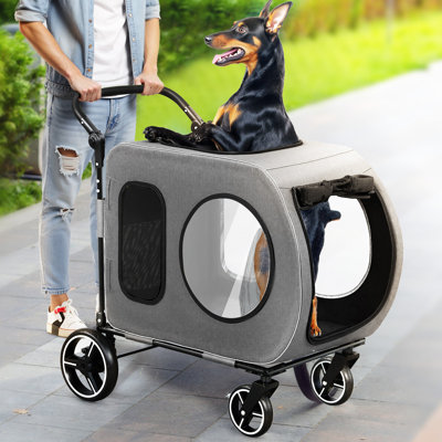 Poussette améliorée 2025 pour chiens de grande taille et de taille moyenne, poussette pour 2 petits chiens, chariot pliant avec support amovible pour siège d'auto, poignée réglable, jusqu'à 90 lb, gris
