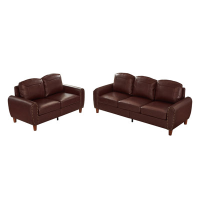 Breathable Faux Leather Sofa For  Living Room,2-pieces Sofa Set,Loveseat and Sofa,Rolled Arm Sofa with Nails,Comfy Leather Couch