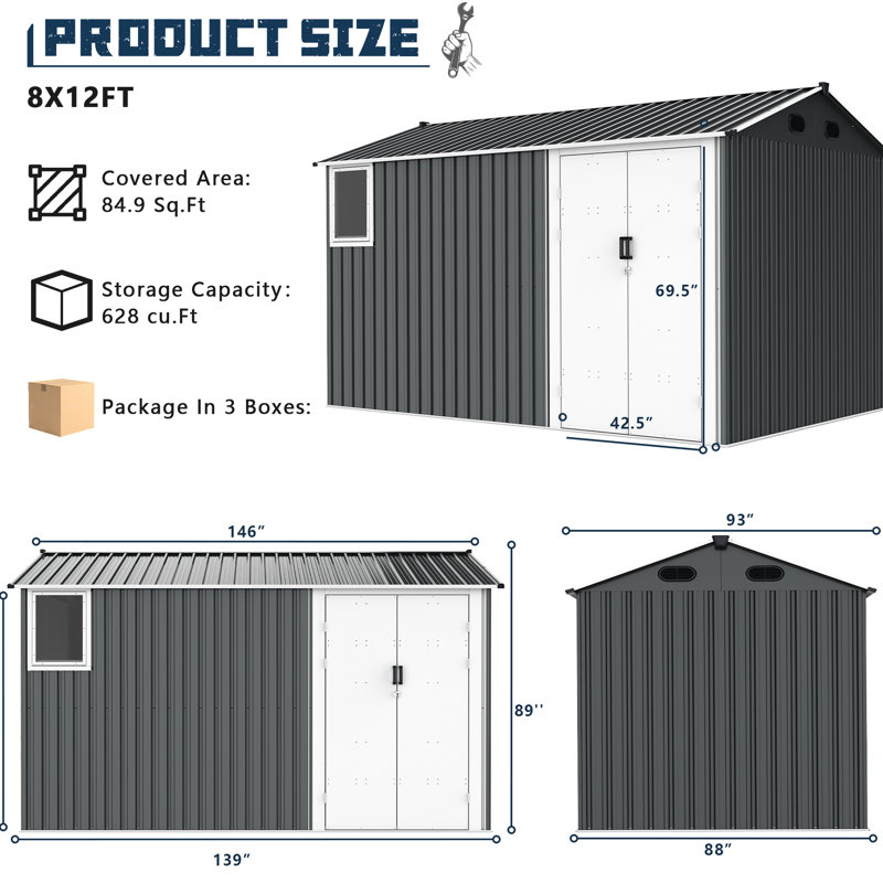 Remise en métal gris foncé 8 pi x 12 pi avec porte et murs de rangement à circulation d'air renforcé