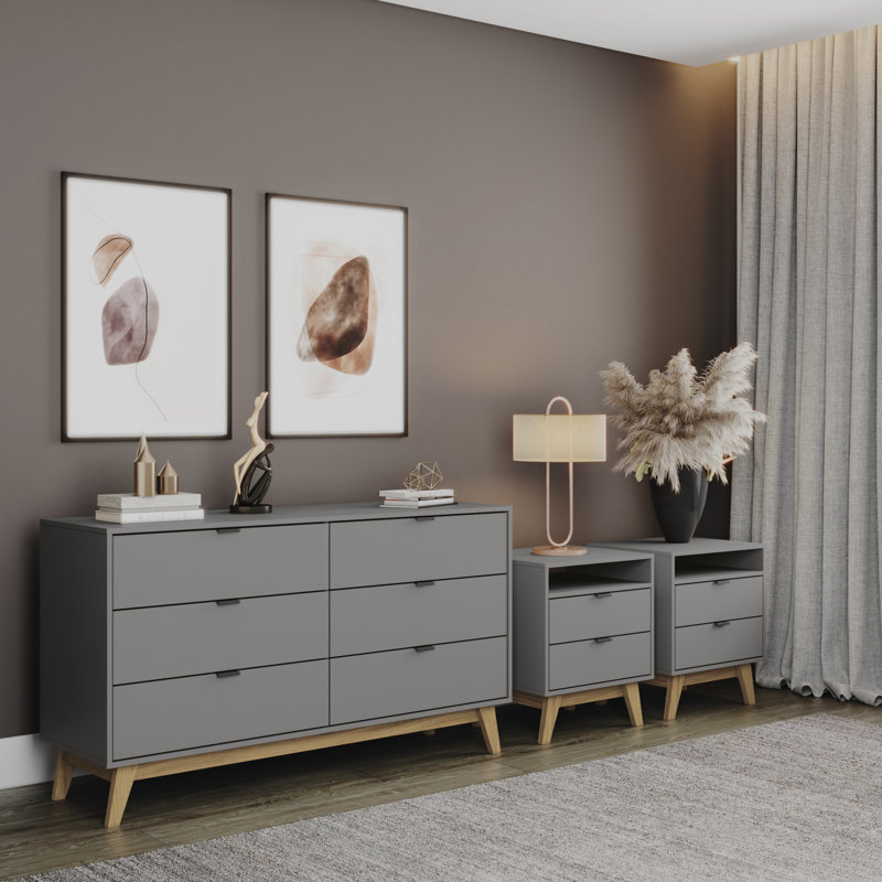 Ensemble de chambre à coucher 3 pièces Bernando - Commode 6 tiroirs et 2 tables de chevet 2 tiroirs, Gris / Brun clair