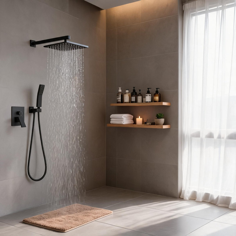 Ensemble complet de pomme de douche à pluie en laiton noir mat 10 pouces avec système de mélangeur mural