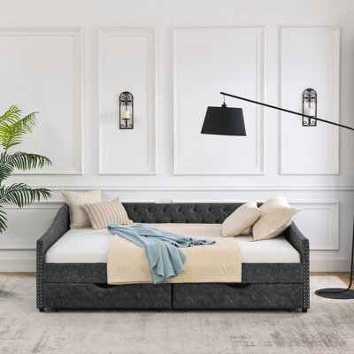 Queen Size Daybed With Drawers Upholstered Tufted Sofa Bed,With Button On Back And Copper Nail On Waved Shape Arms