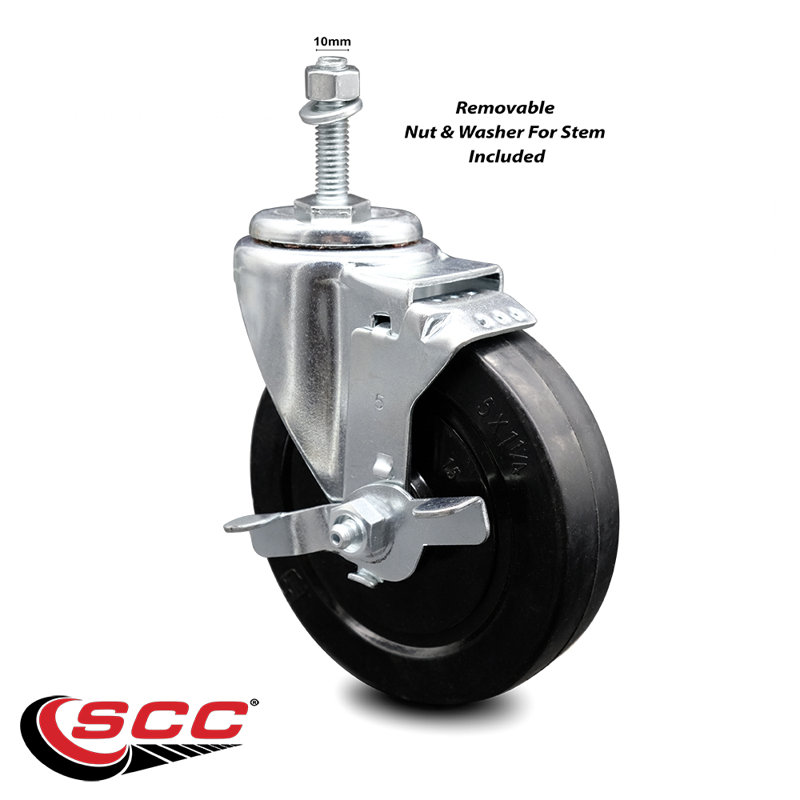 Rubber Wheel Swivel 5/8 Inch Threaded Stem Caster Set with Brake SCC