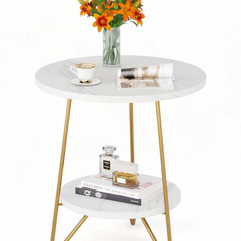 Table de bout ronde 18,7 po en faux marbre, table d'appoint ronde blanche et dorée à 2 niveaux