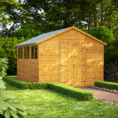Powersheds 12 x 10ft Timber Tongue & Groove Apex Garden Shed, Double Doors