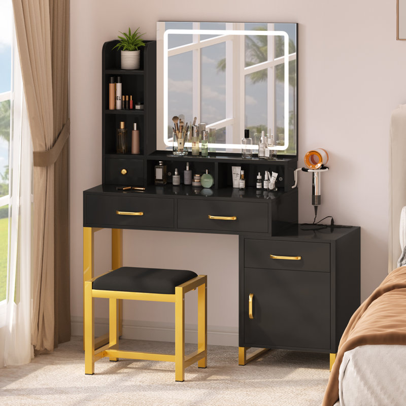 LED Light Bulb Vanity with Stool, Black