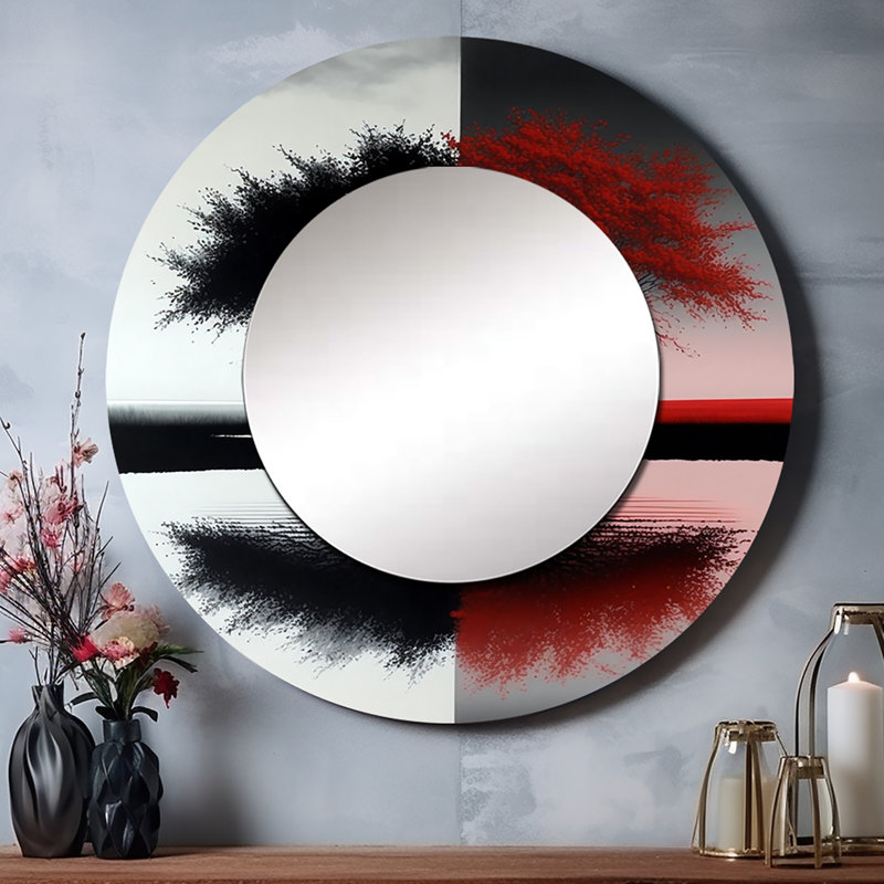 Arbres abstraits rouges et noirs au bord du lac - miroir forêt, miroir mural unique rond, impression sur métal, 23 po x 23 po