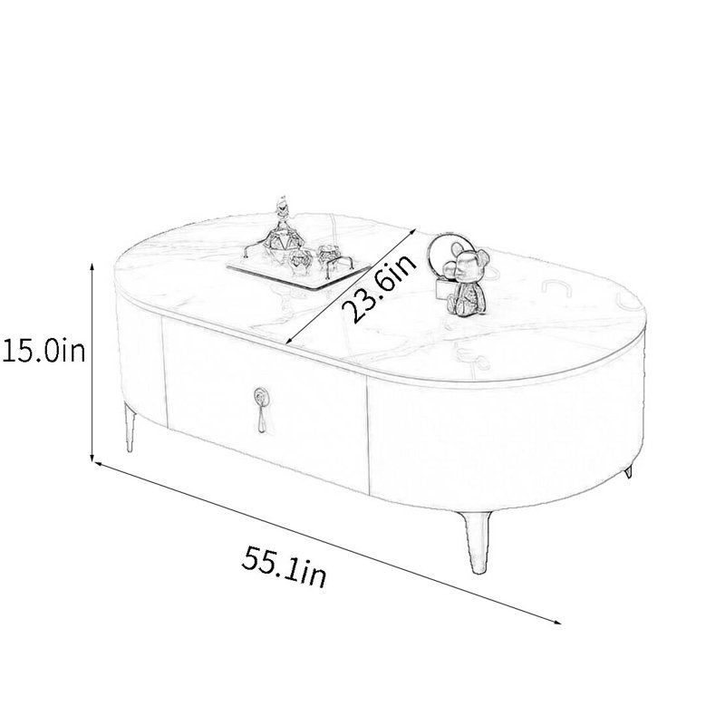 Oval modern simple style coffee table, 15"H x 55.1"L x 23.6"W, White/Gray, White