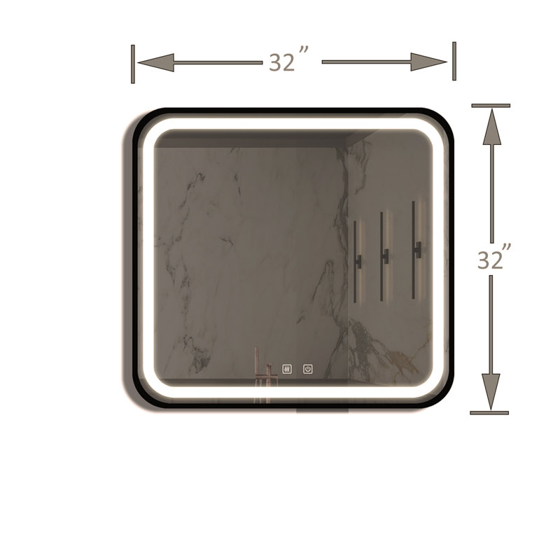 Miroir de meuble-lavabo de salle de bain 32 po x 32 po avec fond de panier, cadre en alliage d'aluminium noir, luminosité élevée, tactile à intensité variable, contrôle de l'interrupteur mural, antibuée, réglable IRC 95 3000K-4500K-6000K, IP54 Wat