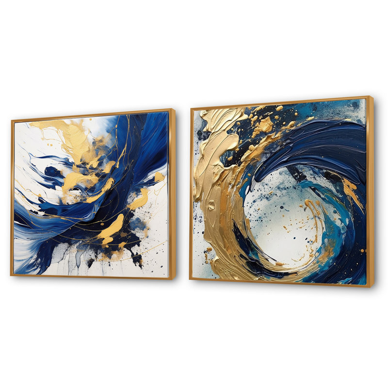 Ensemble de 2 collages carrés bleu foncé et or Stroke II - Fractals, Cadre flottant doré, H 16 po x l 33 po
