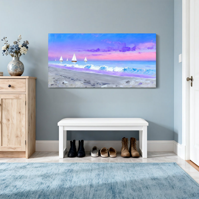 Nautique et plage, vagues de l'océan, voiliers, coucher de soleil, ciel, sable, couleurs, H 16 po x l 32 po