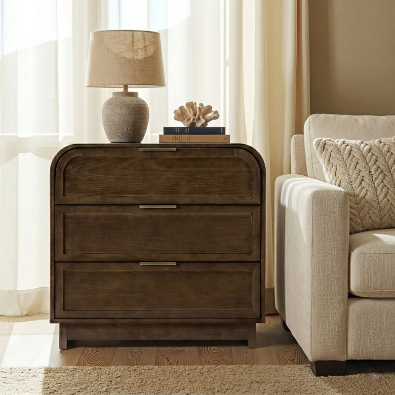 Yanick Modern 3-Drawer Arched End Table with Solid Wood Legs and Charging Station, Oak