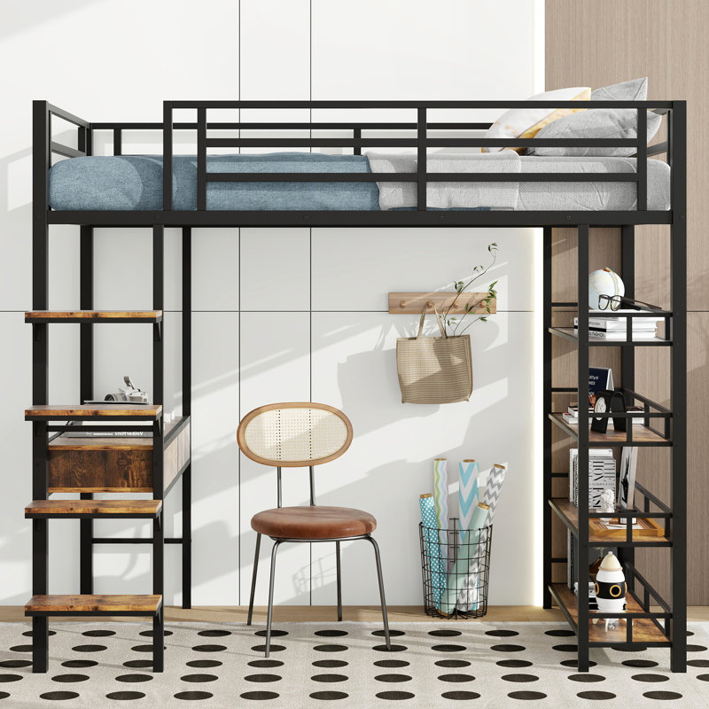 Lit mezzanine avec bureau et tablettes, noir, Lit simple