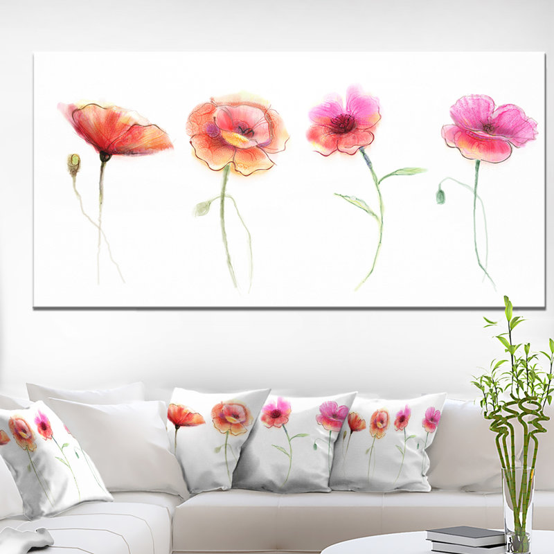 «Watercolor Poppy Flowers S Croquis», impression sur toile tendue, H 16 po x l 32 po