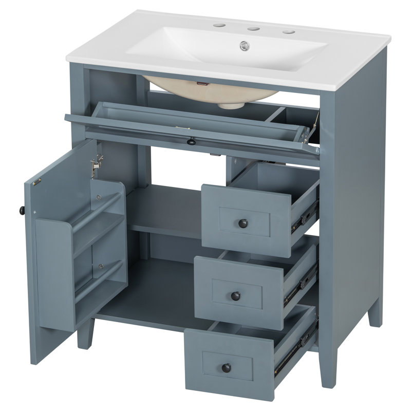 Meuble-lavabo de salle de bain moderne 30 po avec lavabo en céramique, armoire en bois d'hévéa et panneau de fibres à densité moyenne avec tiroir basculant (noir / blanc / gris / vert)