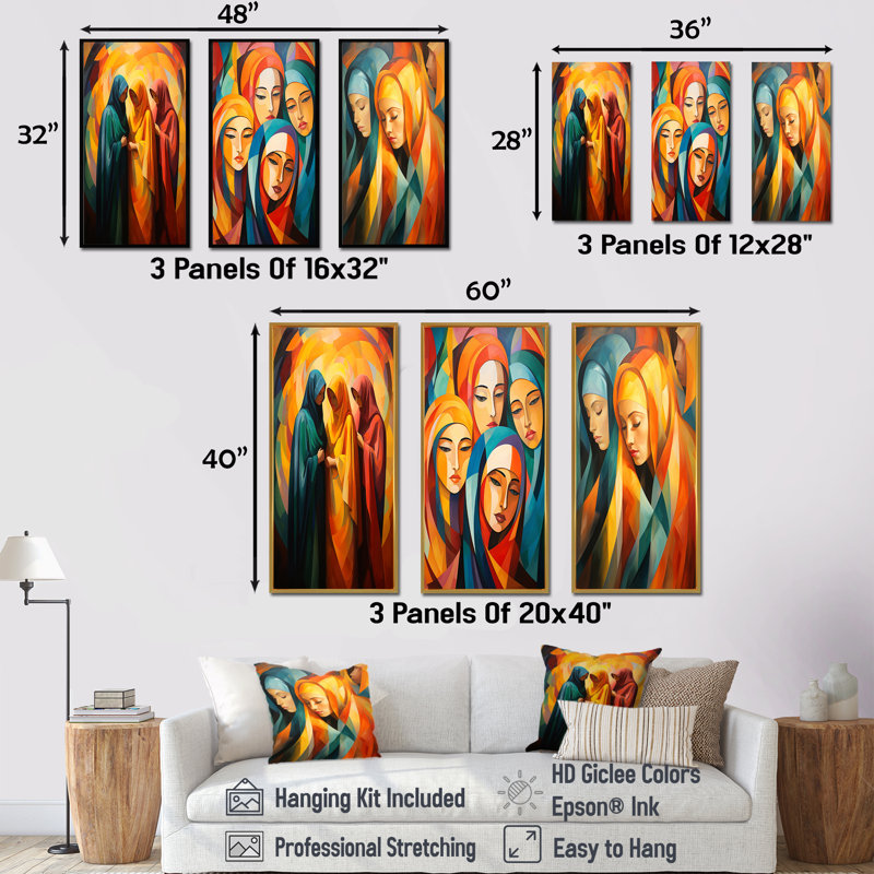 Ensemble de 3 reproductions d'art murales jaunes et oranges de l'Islam, Cadre flottant doré, H 28 po x l 36 po