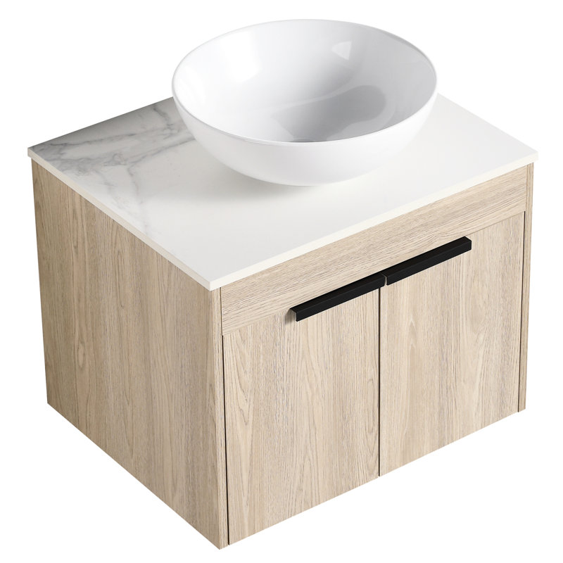 Meuble-lavabo de 24 po avec lavabo en céramique. Porte murale en chêne blanc à fermeture en douceur et rangement suffisant. Meuble-lavabo moderne. Lavabo pour une salle de bain silencieuse.