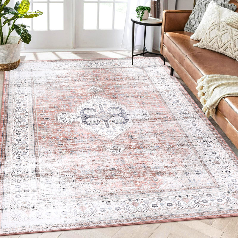 Oriental Machine Washable Rug with Rubber Backing for Living Room Vintage Non-Slip Dining Room Rug Easy-Cleaning Floor Carpet for Bedroom
