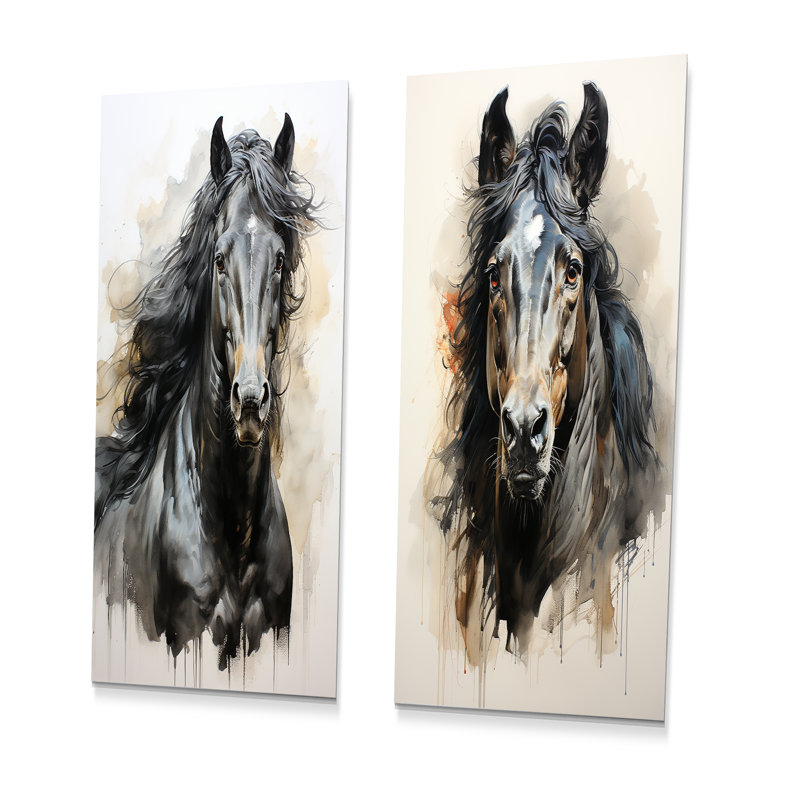 «Minimalist Black Horse Beauty I», ensemble de 2 décorations murales cheval en métal, H 28 po x l 24 po