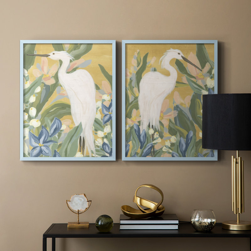 Floral Egret I-Premium, reproduction encadrée prête à accrocher - aucun clou requis - aucun clou requis, H 29 po x l 46 po