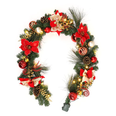 Guirlande de Noël pré-illuminée de 1,8 m avec poinsettias, pommes de pin, 20 lumières DEL et minuterie